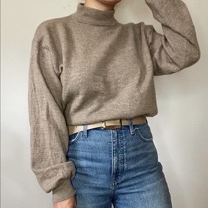Greige balloon sleeve mock neck wool sweater